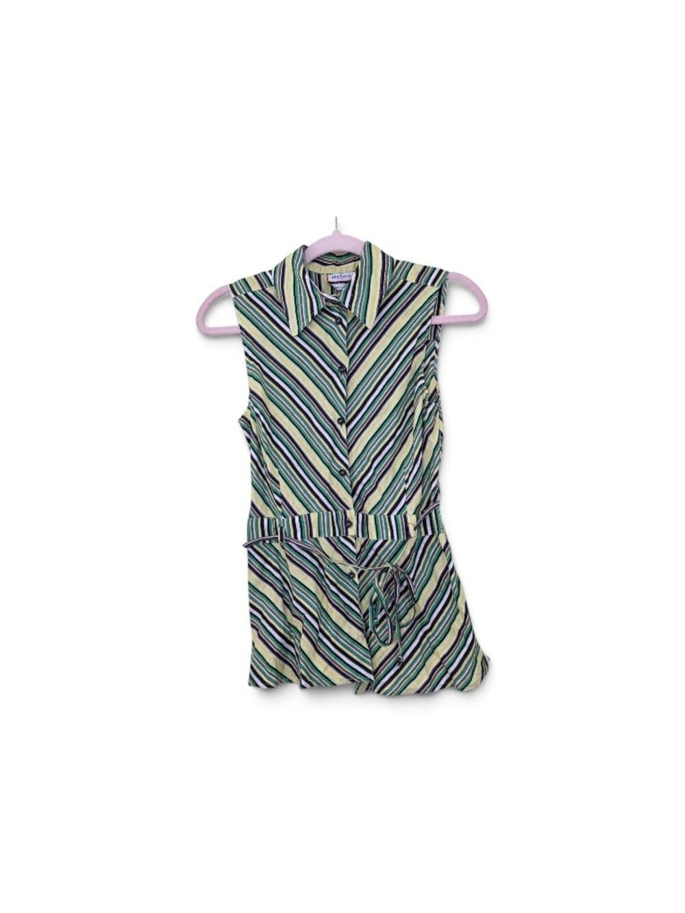VTG MAX&Co Max Mara Italian Linen Top US 6 Belted IT 40 Striped Sleeveless Boho